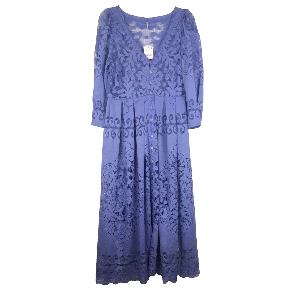 NWT Free People Persian Jewel Blue Lace Midi Dress Button 3/4 Sleeve Small FLAW